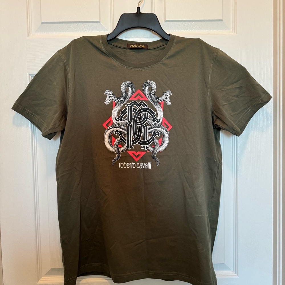 Roberto Cavalli Green  Front Snake Graphic T Shirt, Men's Size L